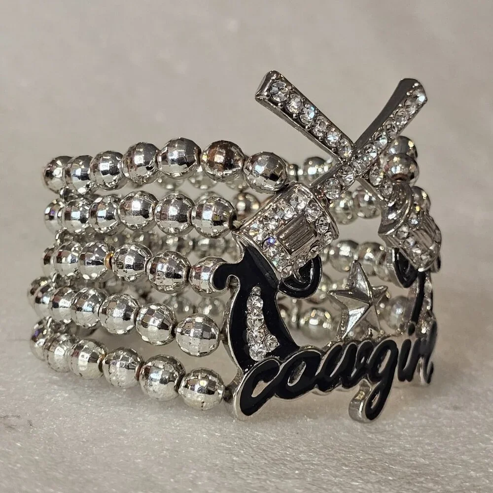 Cowgirl Stretch Bracelet Silver Tone‎ Beaded Rhinestones Star Chunky Western